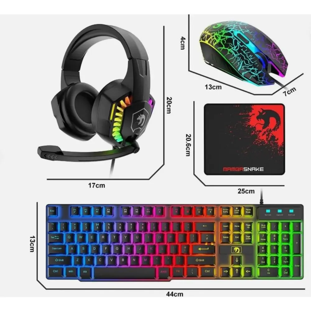 MAMBASNAKE T11 Wired Keyboard Combo, Mouse, Headphone& Pad, Rainbow LED Backlit